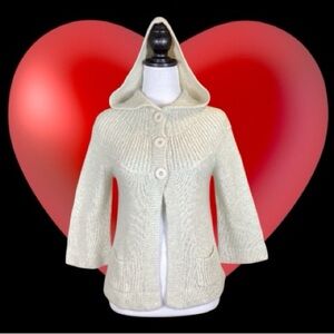 Vintage dELiA*s 90s Cream Knit 3/4 Sleeve Hooded 3 Button Babydoll Cardigan M